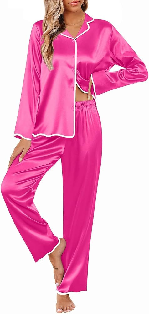 Ekouaer Silk Pajamas Set Long Sleeve Satin Pajama Sets 2 Pieces Button Down Pjs Ruffle Hems Pj Se... | Amazon (US)