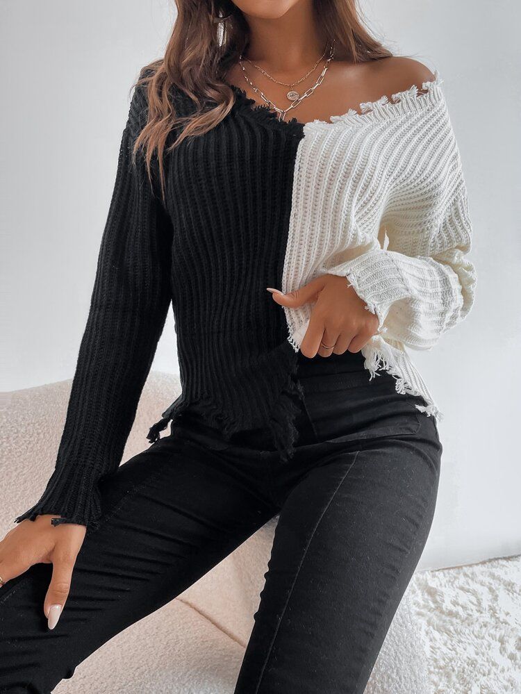 Two Tone Drop Shoulder Distressed Trim Sweater | SHEIN