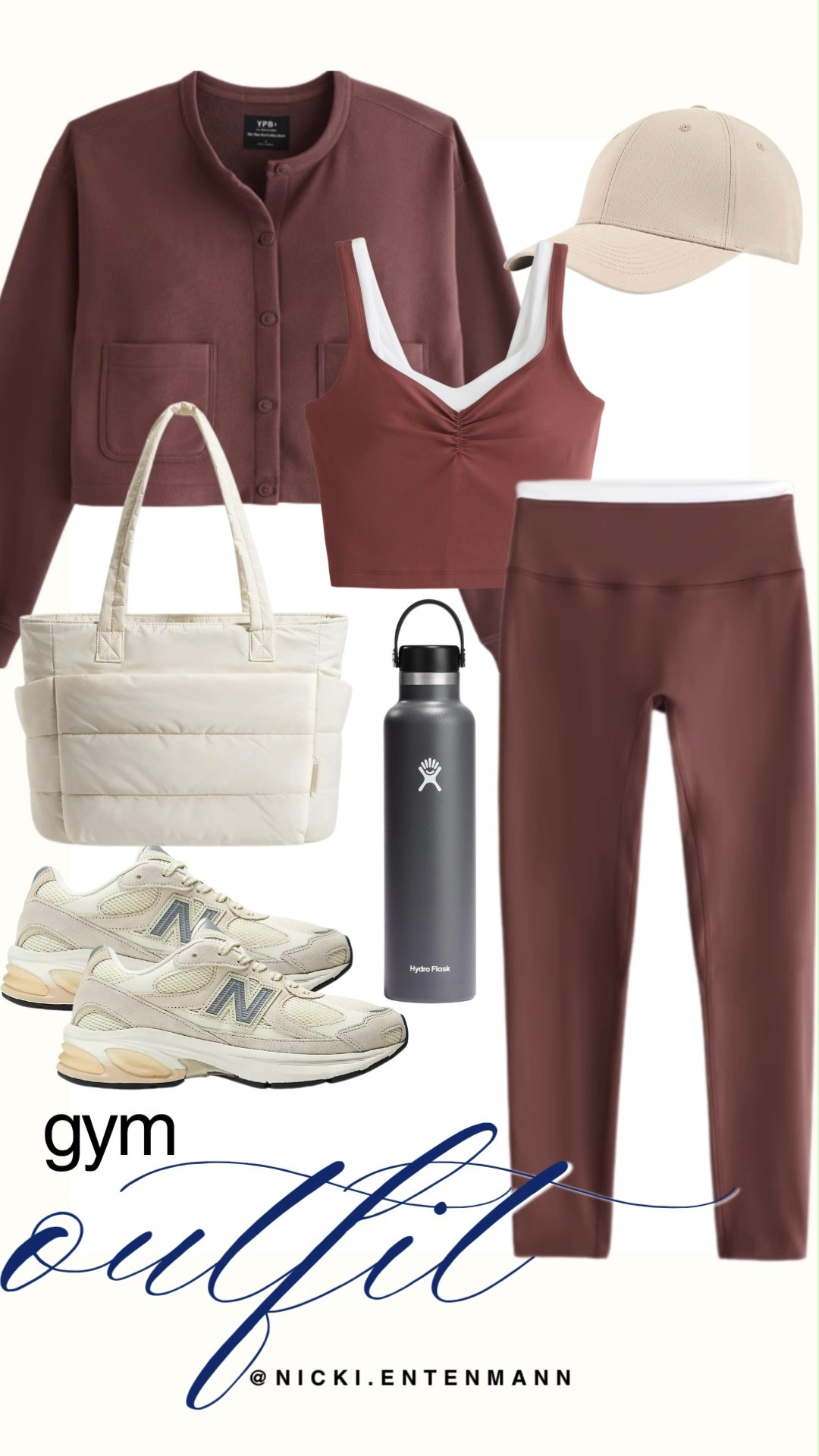 Crush your workout in style with this monochromatic gym outfit featuring mauve high-waisted leggings paired with a matching layered sports bra top and a button-up fleece cardigan. Complete the set with neutral beige New Balance sneakers, a soft off-white puffer tote bag, a neutral baseball cap, and a charcoal Hydro Flask water bottle. It is the ultimate combination of supportive performance and chic athleisure style.

#gymoutfit #athleisure #activewear #workoutstyle #gymmotivation #fitnessfashion #outfitinspiration 

 #LTKfitnessgoals #LTKActive #LTKSaleAlert