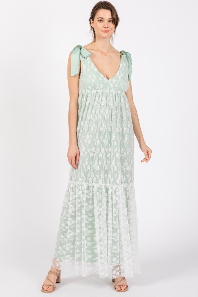 Light Olive V-Neck Satin Tie Lace Overlay Maxi Dress | PinkBlush Maternity