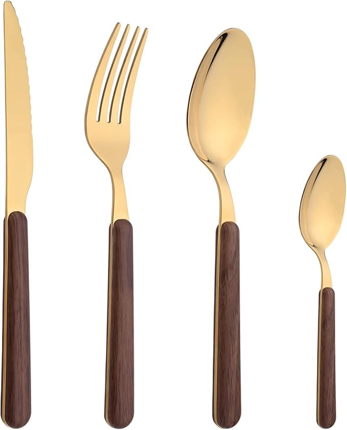 24 Piece Tableware Silverware Set with Faux Wooden Handle, Brown Gold Stainless Steel Flatware Cu... | Amazon (US)
