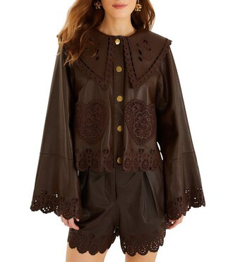 Hearts Richilieu Embroidered Dark Brown Collared Long Sleeve Leather Jacket | Dillard's