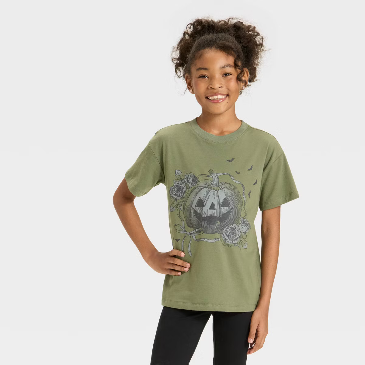 Girls' Short Sleeve Oversized Halloween Graphic T-Shirt - Cat & Jack™ Olive Green | Target