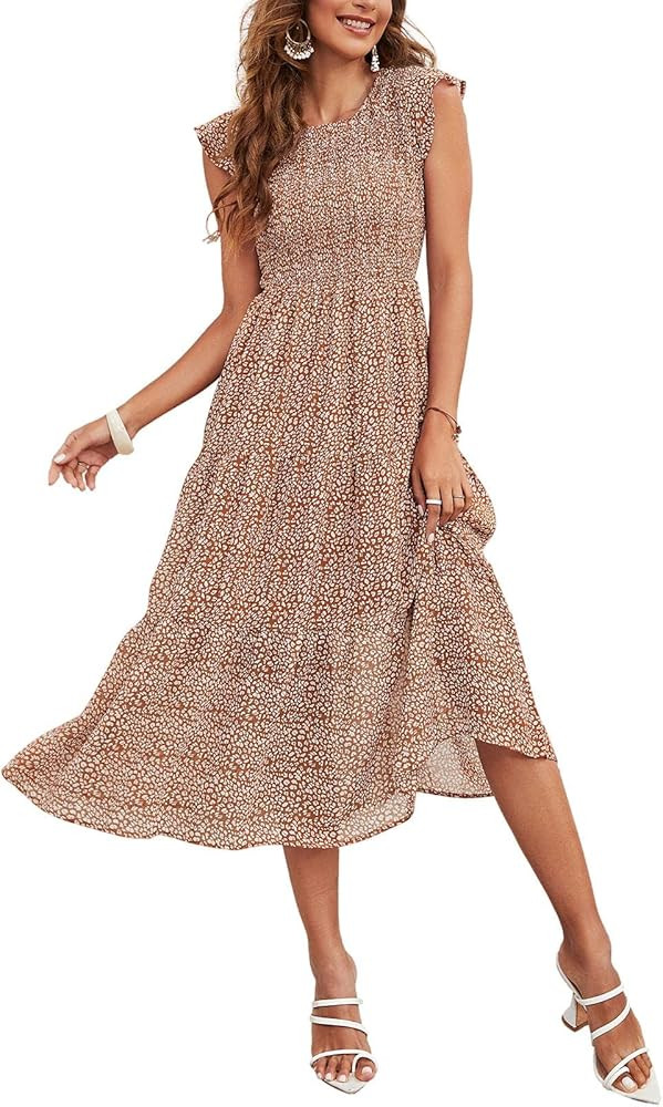 Yanekop Women Ruffle Cap Sleeves Midi Dress Smocked Tiered Boho Beach Dress Flowy Pleated Dress | Amazon (US)