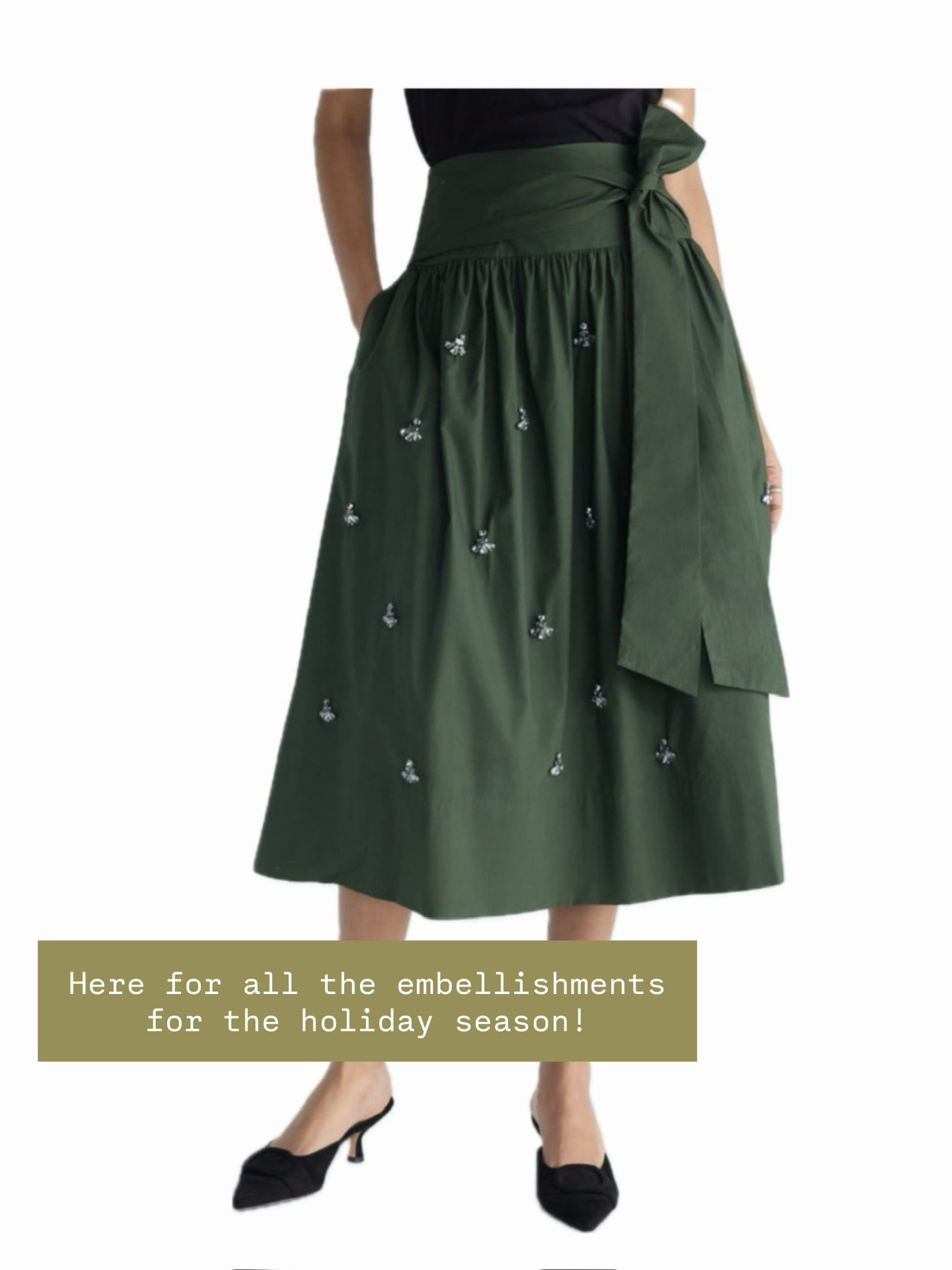 This green skirt with the embellishments is perfect for the holidays! You could wear this with so many different tops!

Loverly Grey, holiday lookss, holiday outfit, embellished skirt