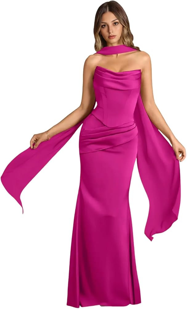 Strapless Bridesmaid Dresses with Scarf Convertible Long Mermaid Ruched Satin Formal Evening Ball... | Amazon (US)