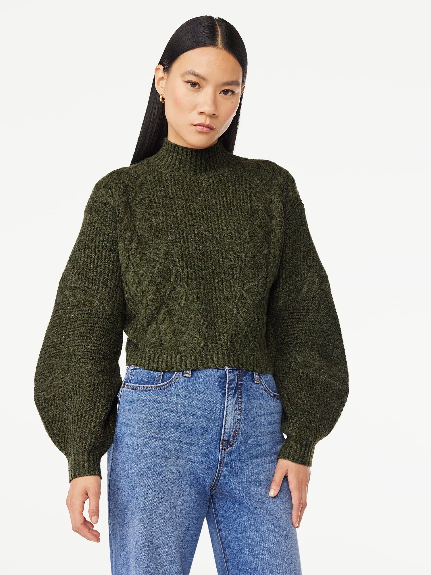 Scoop Women's Crop Cable Pullover Sweater with Long Sculpted Sleeves, Sizes XS-XXL | Walmart (US)