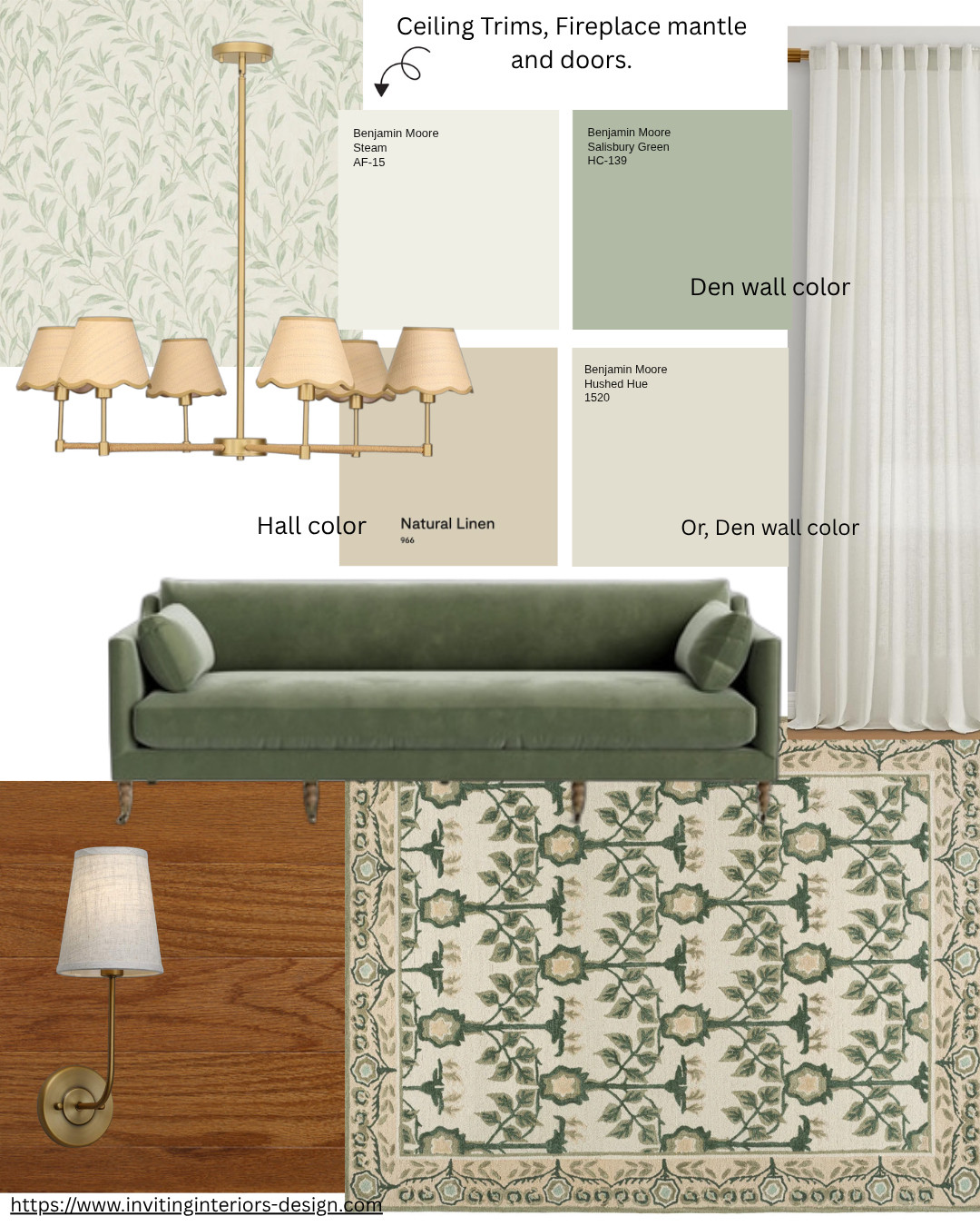 Den and hall spaces made to coordinate. 
Soft greens and a farmhouse flare, this look is so easy to live with, has a timeless feel and will forever look fresh. The green will alway make your warm floors glow.

Vintage green decor, Green family space, Sage green living room, Vintage Grandma decorating. Cozy living spaces. Amazon must haves. Chandeliers. Wallpaper, green sofa, wall sconces, curtains, color palette, mood board creator,  

 #LTKhome #LTKstyletip #LTKfamily