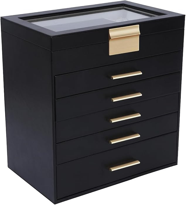 BOOVO Jewelry Box for Women, Black 6 Layer Large Jewelry Organizer with Glass Lid for Necklace, B... | Amazon (US)