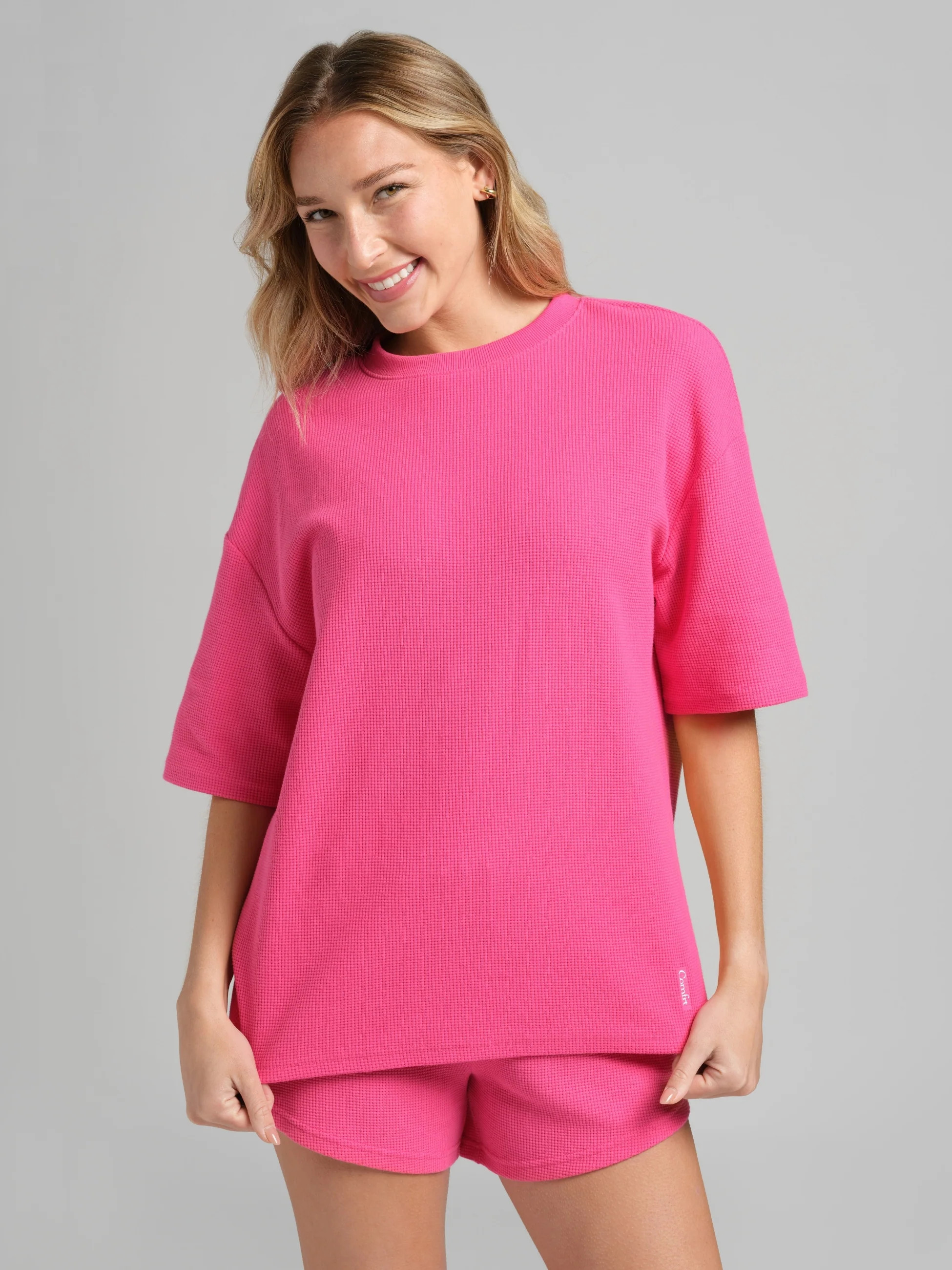 Comfrt Waffle Lounge Tee Shirt | Hot Pink | M | Medium | Comfrt