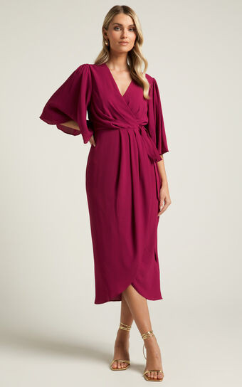 Meagan Midi Dress - V Neck Flutter Sleeve Pleated Detail Wrap in Aubergine | Showpo (US, UK & Europe)