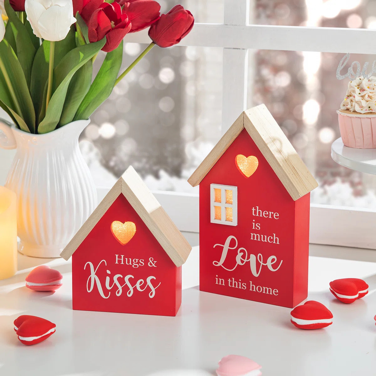 Set Of 2 Lighted Valentine's Wooden House-Shaped Table Decor | Wayfair North America