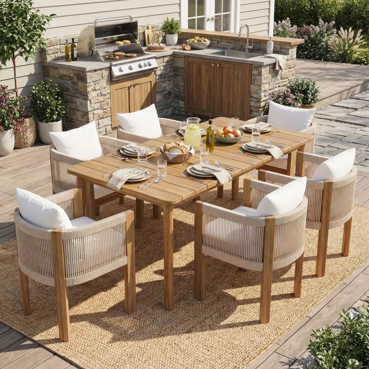 Keeton 7-Piece Modern Coastal Outdoor Dining Set With Acacia Wood Table And Rope-Wrapped Chairs With Cushions

#LTKxMadewell #LTKdayinmylife #LTKstorytime