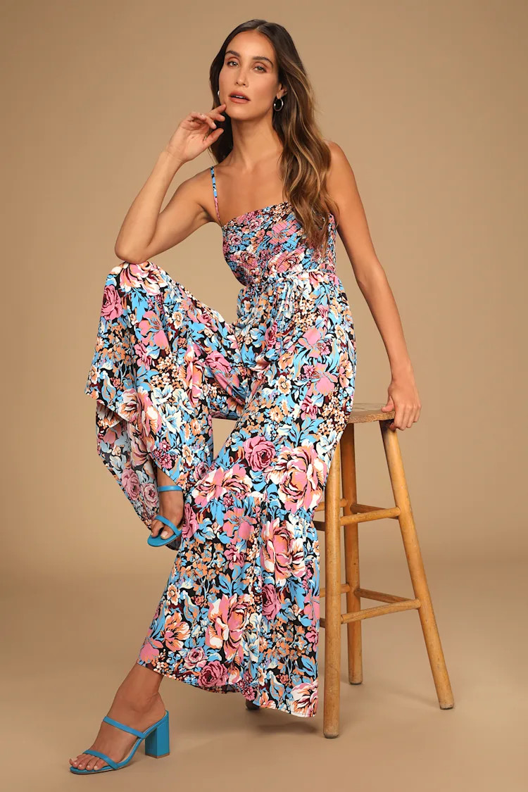 Escape to the Islands Multi Floral Smocked Sleeveless Jumpsuit | Lulus