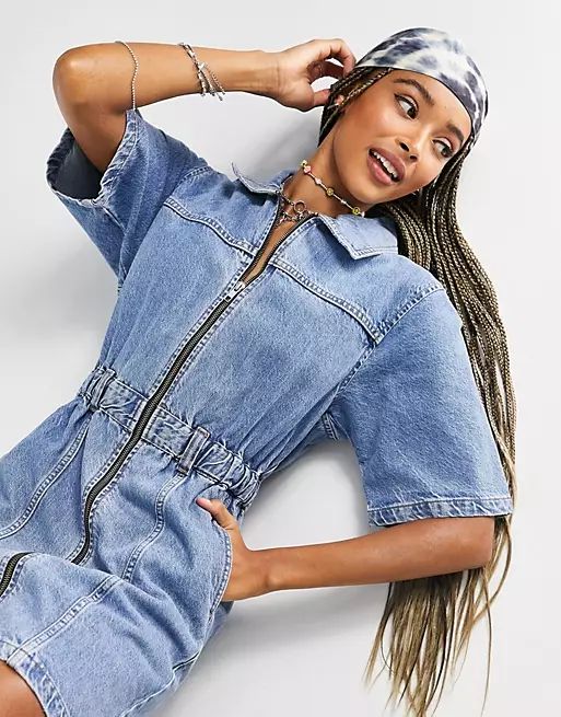 Topshop short sleeve denim dress in mid blue | ASOS (Global)