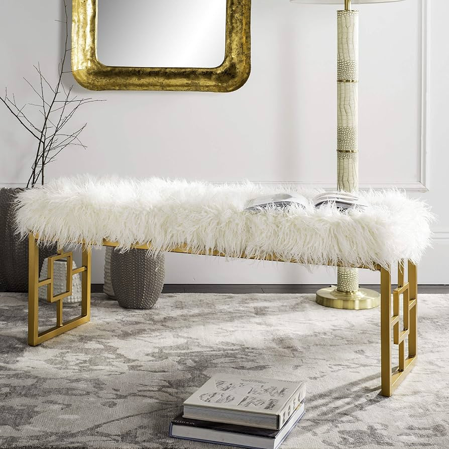 Safavieh Home Collection Mera Glam White Faux Sheepskin and Gold Bench | Amazon (US)