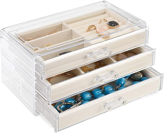 Acrylic Jewelry Organizer Box by Tranquil Abode | Clear Jewelry Box Organizer | 3 Tall Drawers, V... | Amazon (US)