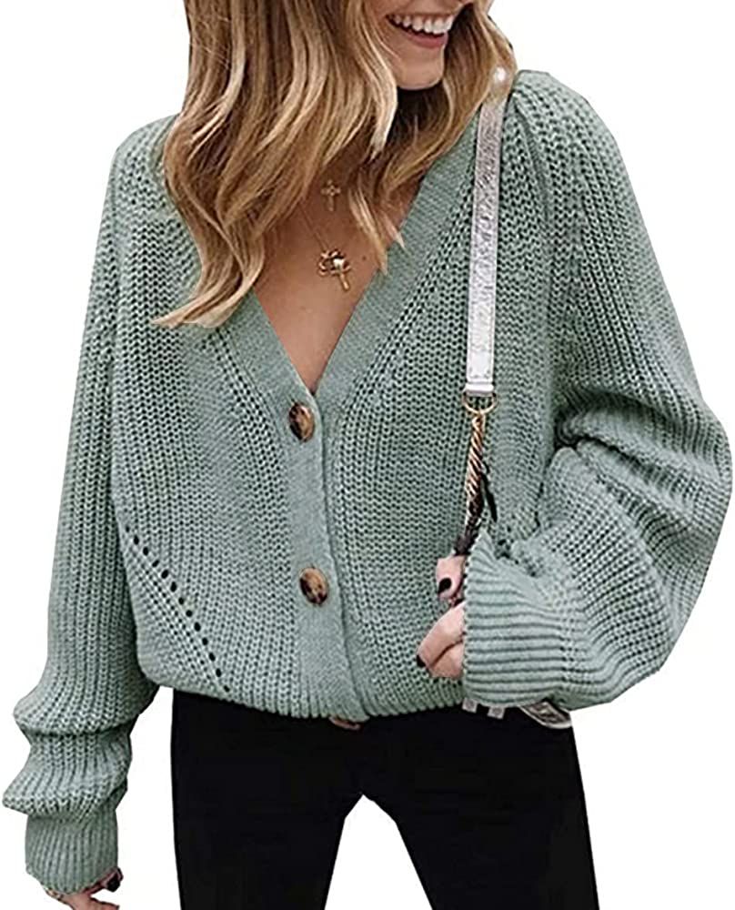 Women's V Neckline Button Down Knitwear Lantern Sleeve Basic Knit Cardigan Sweater Tops | Amazon (US)
