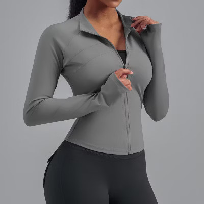 Women's Zip Up Workout Top Stretchy Fitted Long Sleeve Athletic Shirt for Running Gray S | Target