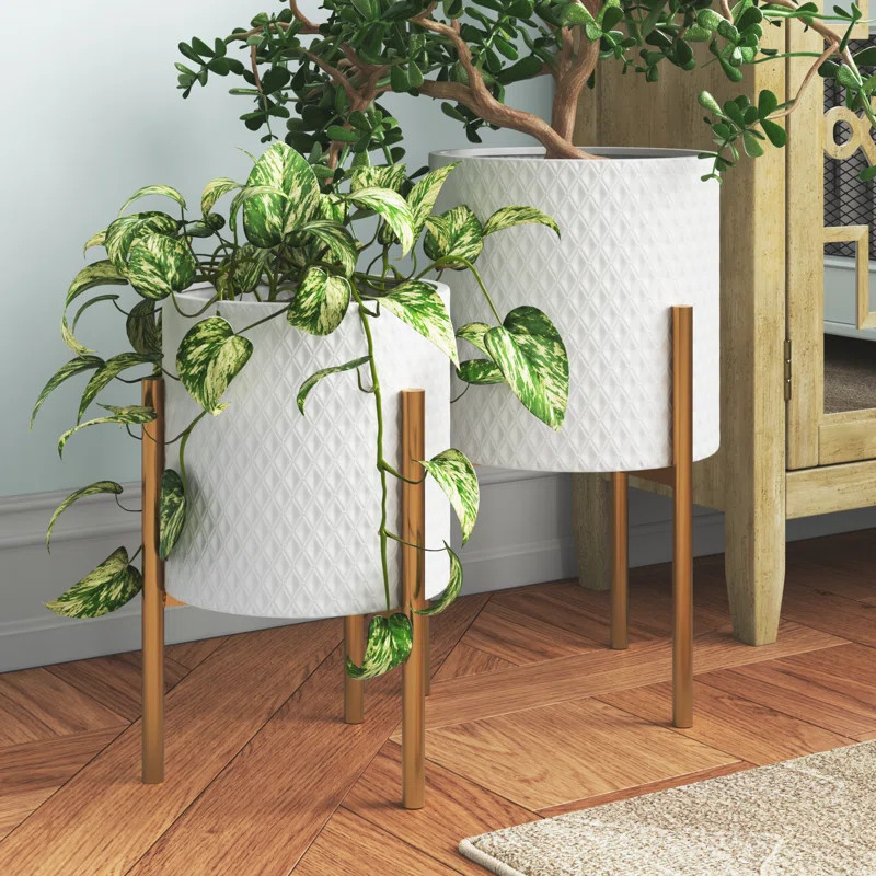 Kasandra 2-Piece Handmade Metal Pot Planter with Gold Stand Set | Wayfair North America