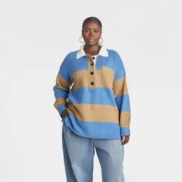 KBB by KAHLANA Women's Long Sleeve 'The Crys Rugby Shirt' - Blue/Camel Striped 1X | Target