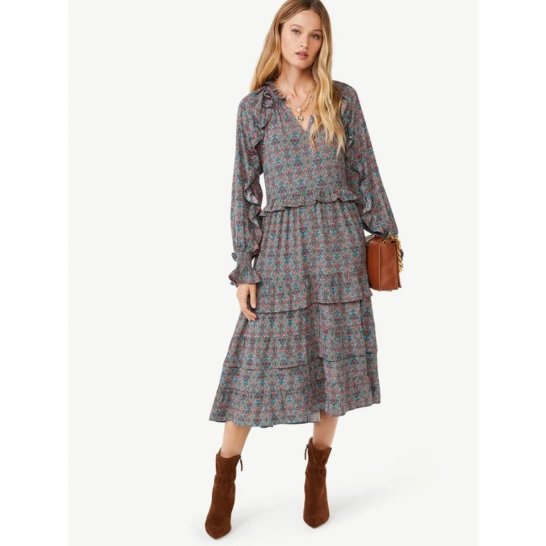Scoop Women's Tiered Midi Dress with Long Sleeves | Walmart (US)