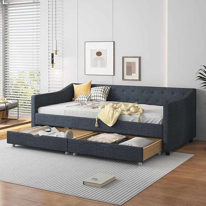 Twin Size Daybed with Storage, Upholstered Day Bed Frame with 2 Drawers and Button Tufted Backres... | Amazon (US)