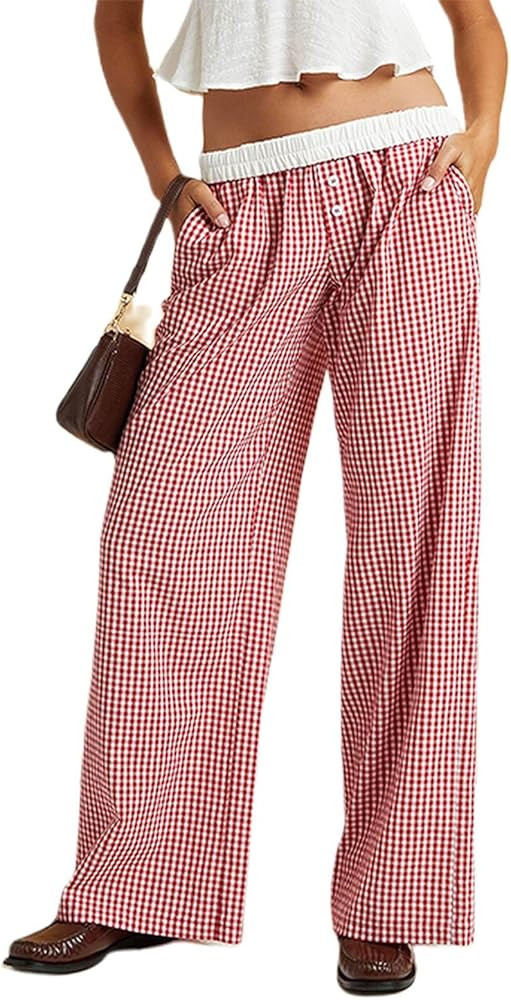Lightweight Wide Leg Gingham Boxer Pants for Women Fashion Plaid Pj Pants Trousers Sweatpants Paj... | Amazon (US)