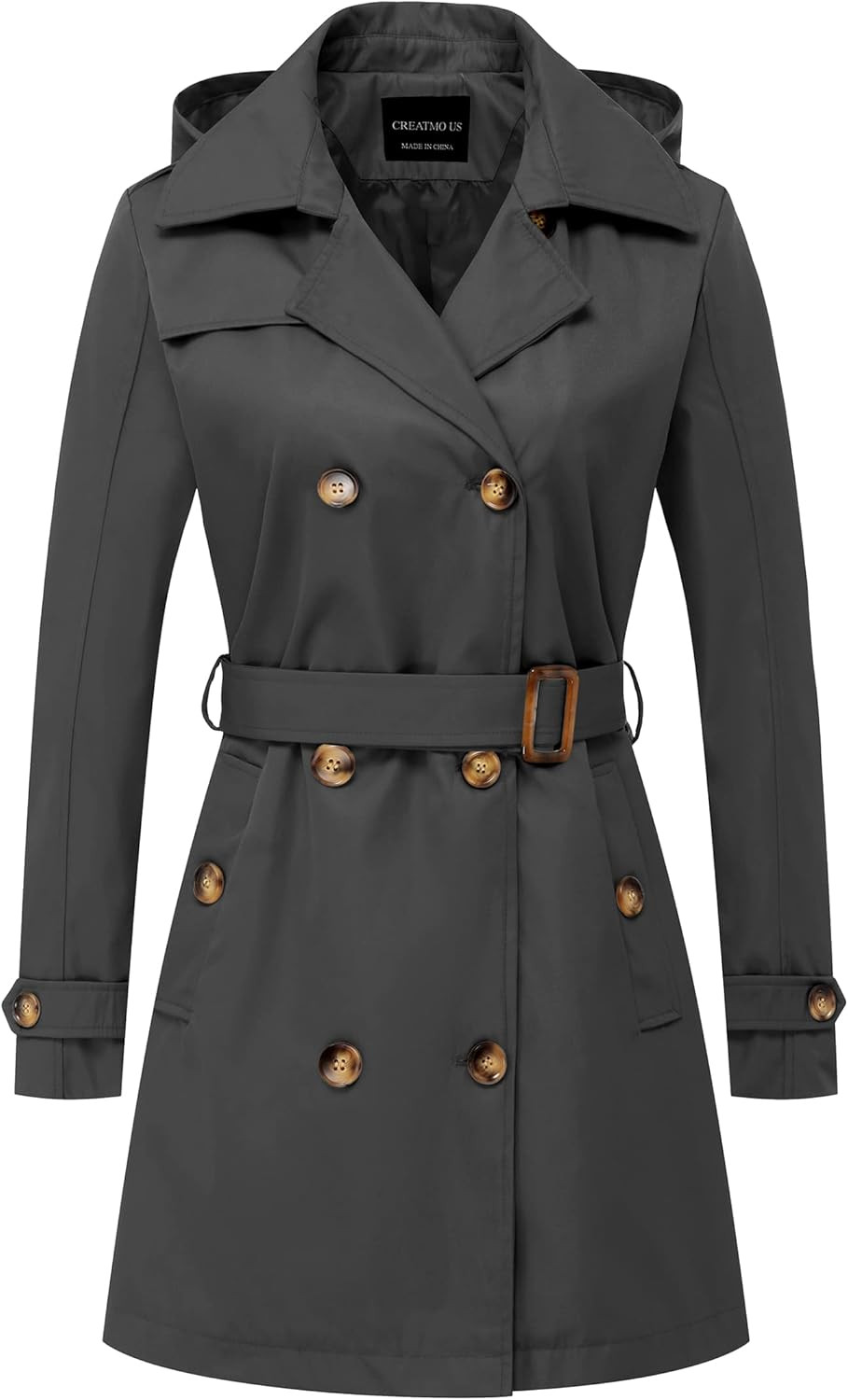 CREATMO US Women's Trench Coat Double-Breasted Classic Lapel Overcoat Belted Slim Outerwear Coat ... | Amazon (US)