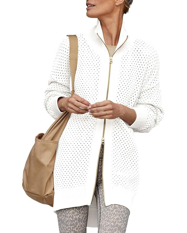 Women's Turtleneck Zip Up Cardigan Sweaters Oversized Drop Shoulder Long Sleeve Casual Solid Mesh... | Amazon (US)