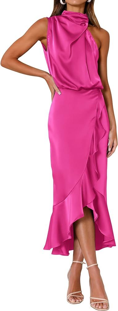 KIRUNDO Womens 2023 Summer Satin Mock Neck Party Cocktail Midi Dress Sleeveless Wrap Ruffle Merma... | Amazon (US)