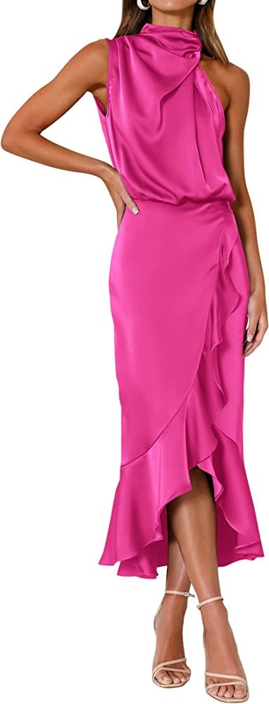 KIRUNDO Womens 2023 Summer Satin Mock Neck Party Cocktail Maxi Dress Sleeveless Wrap Ruffle Merma... | Amazon (US)
