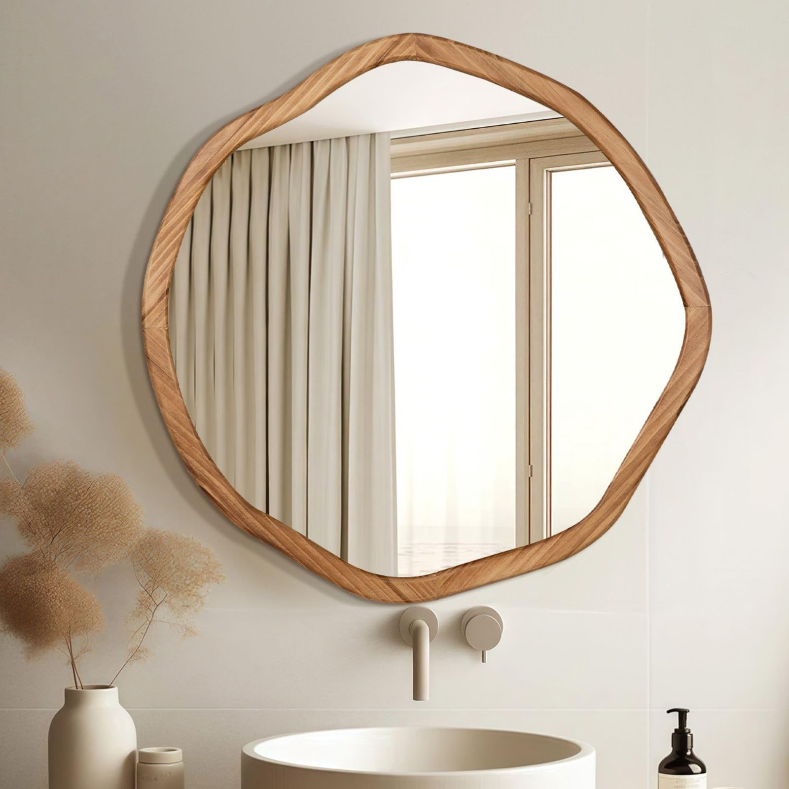 ULIKE Round Wood Mirror 24 Inch Circle Wall Mirror, Asymmetrical Bathroom Vanity Mirror with Wood... | Amazon (US)