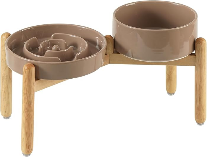 Ceramic 1.2 Cup Raised Slow Feeder Dog Bowl Set, Elevated 6.1inch Bowl and 7.3inch Puzzle Slow Fo... | Amazon (US)