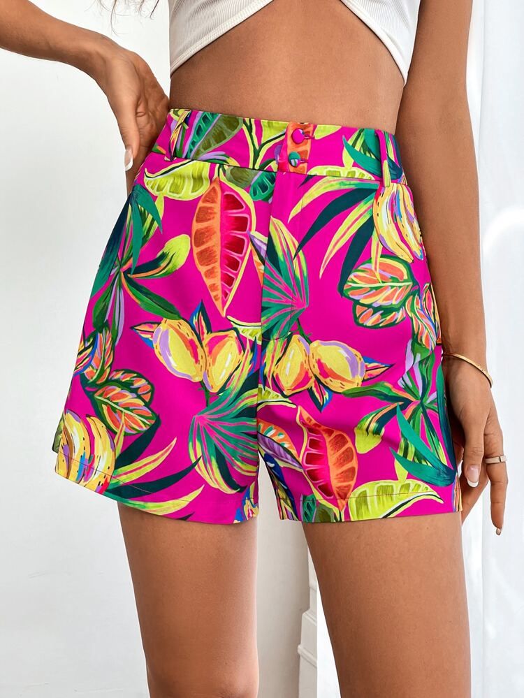 SHEIN VCAY Tropical Print High Waist Shorts | SHEIN