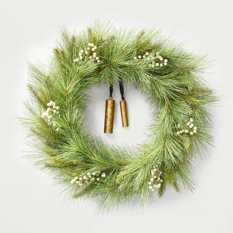 24&#34; Needle Pine &#38; Snowberry Seasonal Faux Wreath Green/White - Hearth &#38; Hand&#8482; w... | Target