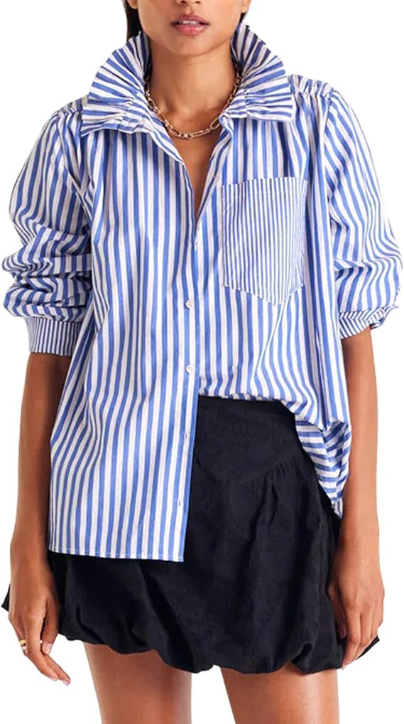 Womens Roll Up Shirt Button Down Shirt Ruffled Collar Casual Loose Blouses Tops Spring Fall Tops | Amazon (US)