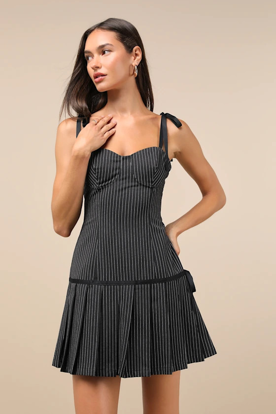 Posh Flirtation Black Pinstriped Tie-Strap Drop-Waist Mini Dress | Lulus