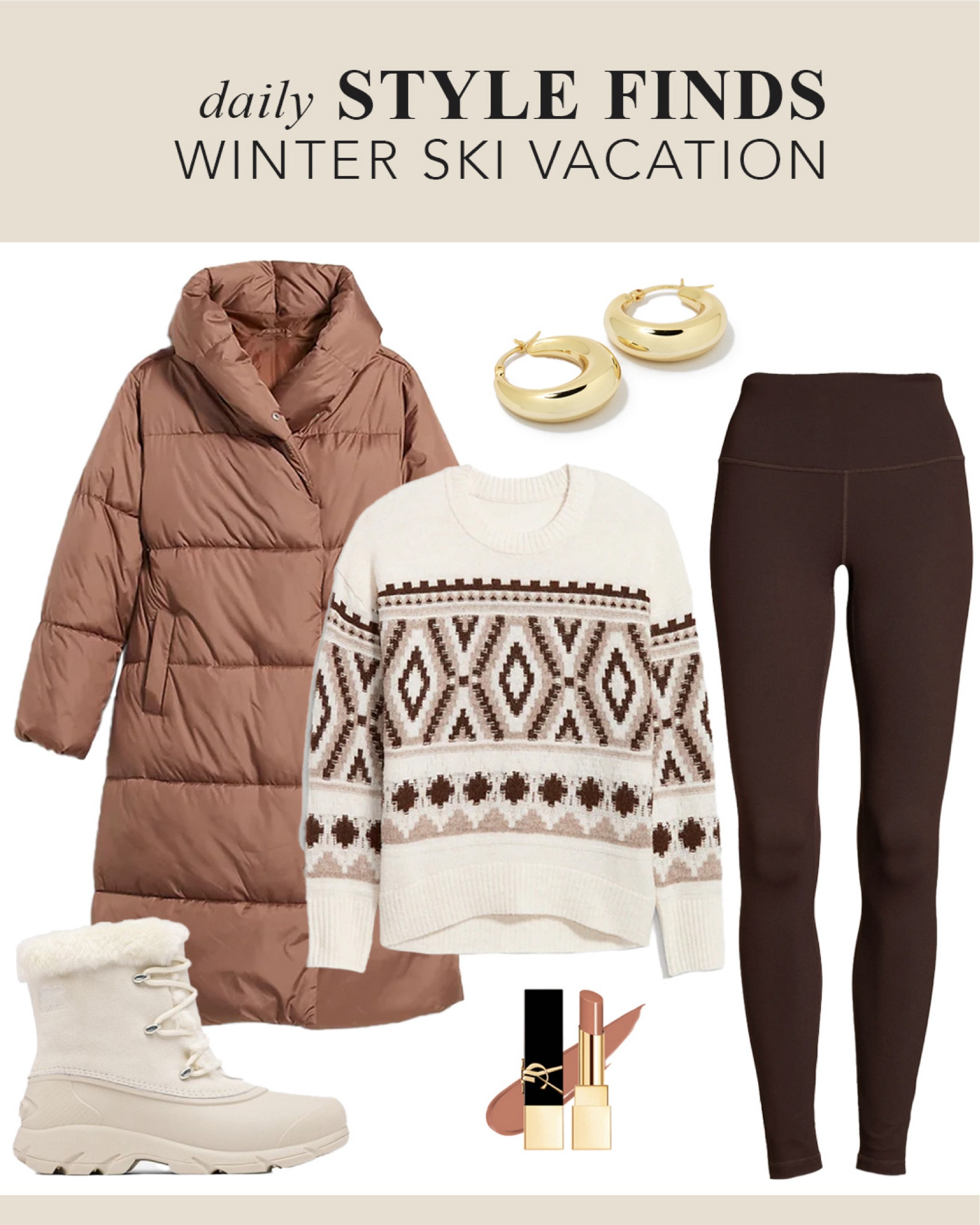 Winter ski vacation outfit - Brown leggings - Fair Isle White sweater - Long Brown Puffer Jacket - White winter ski boots - Cozy chic apres ski vacation outfit - ski outfit - resort outfit - travel outfit #skioutfit #Over40style #dailystylefinds #outfitguide

#LTKover40 #LTKshoecrush #LTKtravel