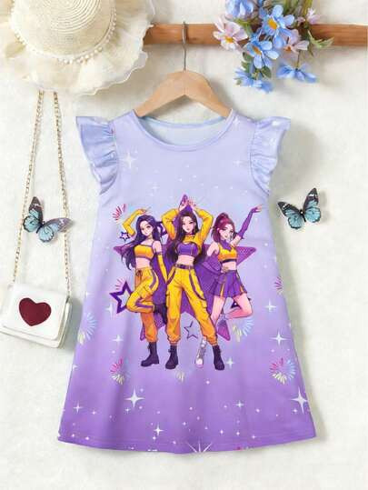 Girls' Cute Purple Cartoon Girl Group Printed Cap Sleeve Dress, Summer Sweet Girl Sequin Star Cap Sleeve Dress, Suitable For Music Festival, Concerts, Casual Wear, Loose & Comfortable, Youthful & Anime-Inspired | SHEIN