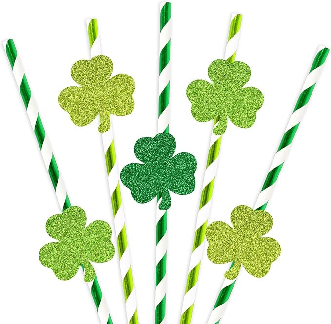 JarThenaAMCS St. Patrick's Day Paper Straws 3 Colors Glitter Shamrock Clover Drinking Straws Gree... | Amazon (US)