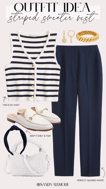 Striped sweater vest | chic spring style | navy and white outfit idea | navy tailored pants | chic spring work outfit | winter to spring transitional outfit | white mules | white braided handbag | navy knot headband | stripe and gold button sweater vest 

#LTKSeasonal #LTKstyletip #LTKfindsunder100