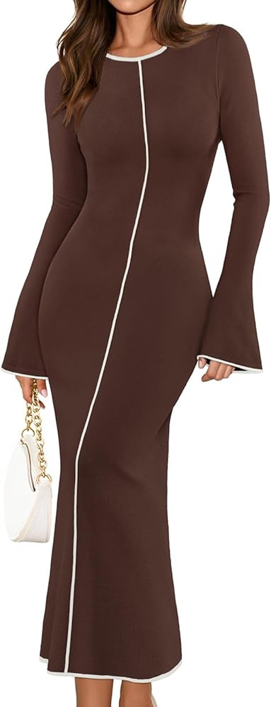 MEROKEETY Women's Fall Long Bell Sleeve Sweater Dress 2025 Elegant Bodycon Color Block Knit Midi ... | Amazon (US)