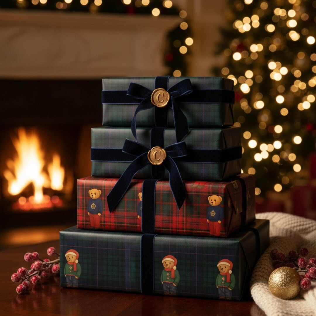 Tartan Teddy Bear Christmas Gift Wrap, Red & Navy Plaid Holiday Wrapping Paper - Etsy | Etsy (US)