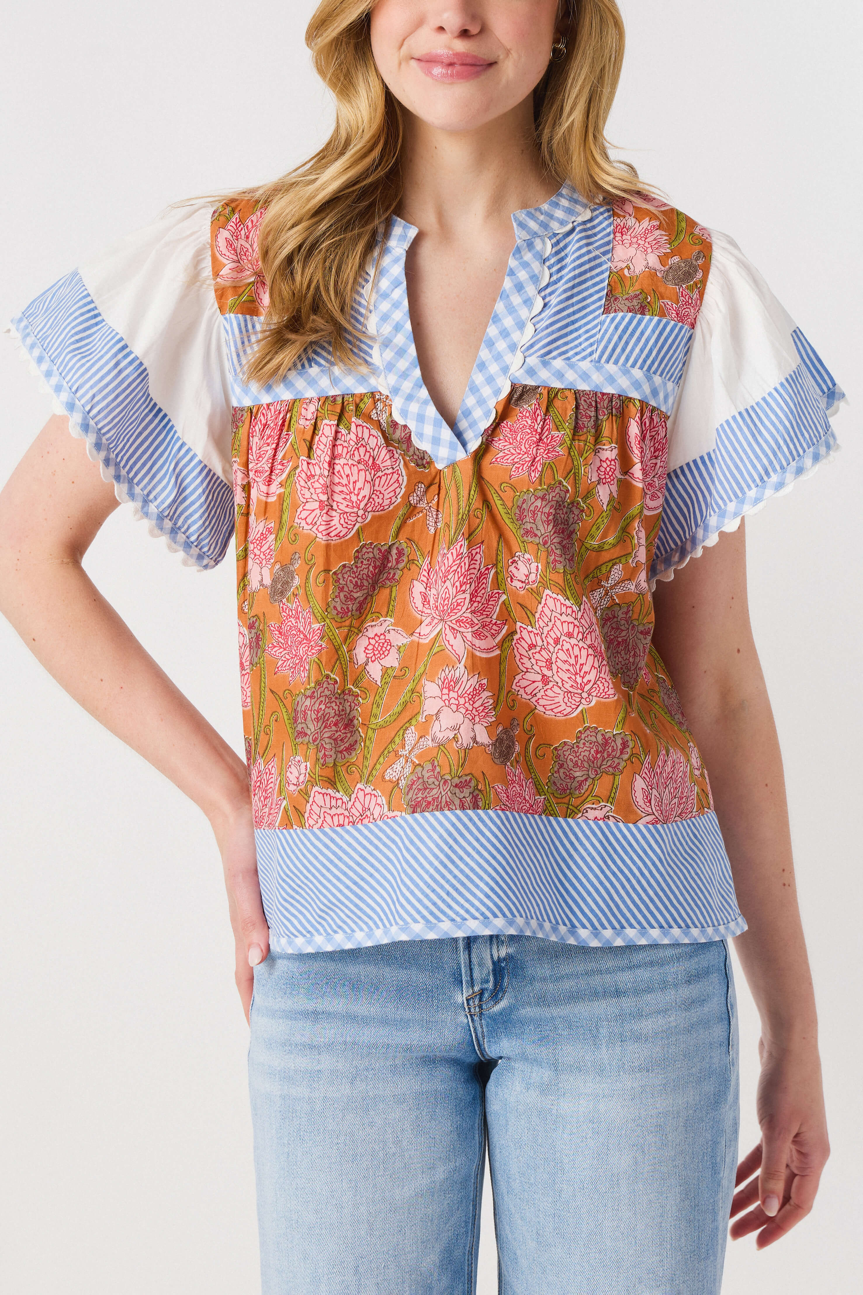 THML Flowy Sleeve Mixed Media Vneck Top | Social Threads