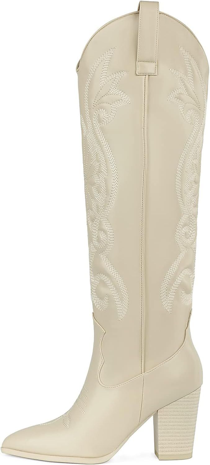 WIRALOMI Women Western Knee High Boots Embroidered Chunky Block Heel Cowboy Boots Pointed Toe Pul... | Amazon (US)