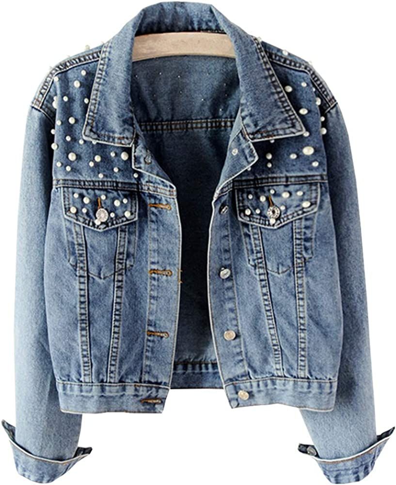 Women Loose Embroidered Pearls Beading Cropped Denim Jacket Jean Coat | Amazon (US)