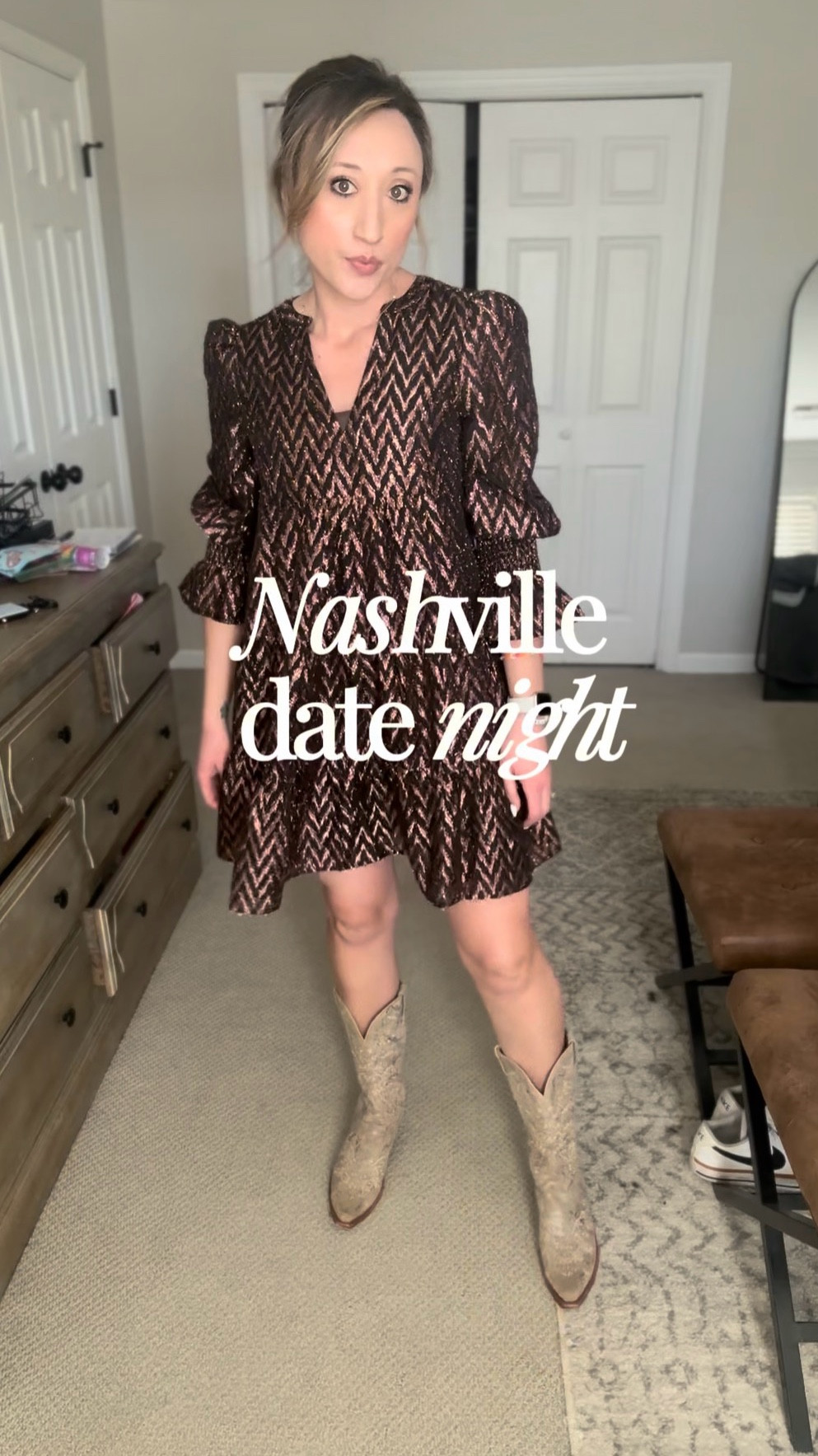 LOVE the dress, just can’t decide if it’s giving Nashville date night? What color boots should we go with?