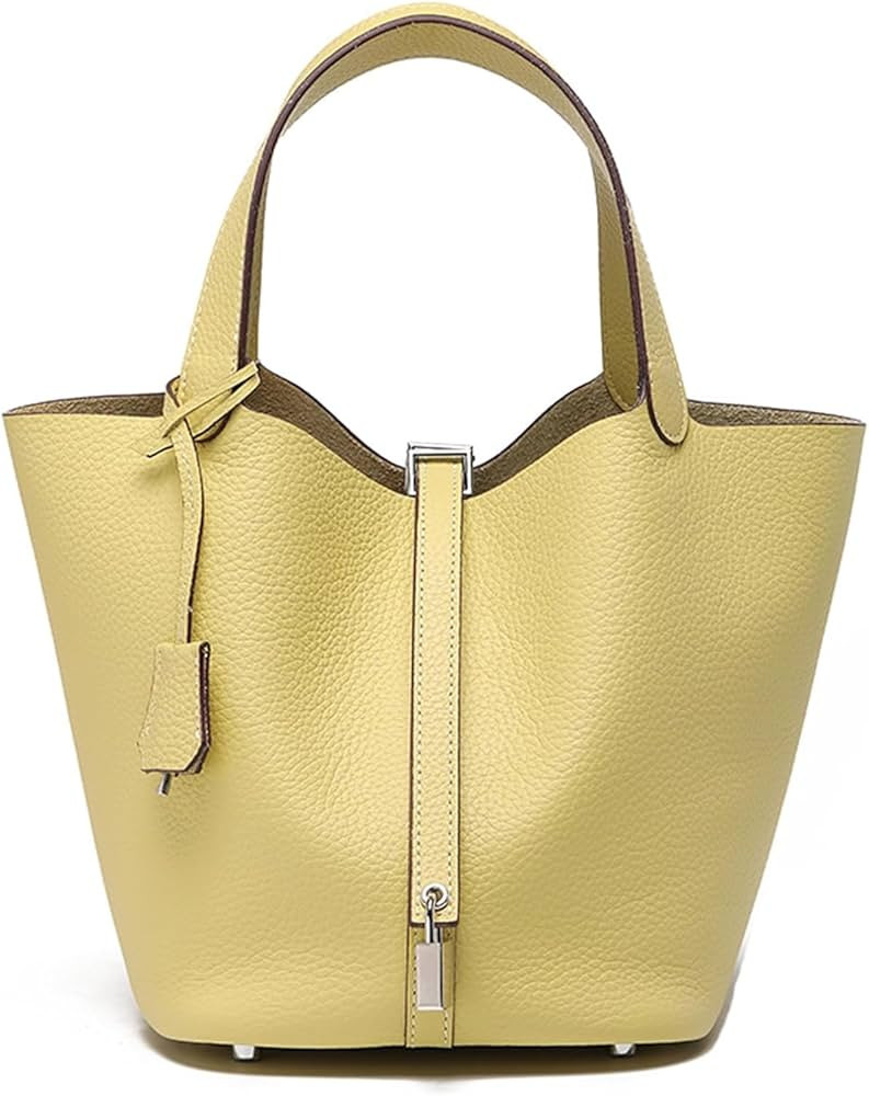Genuine Leather Soft Bucket Bag For Women Fashion Lock Design Handbags Vegetable Basket Satchel W... | Amazon (UK)