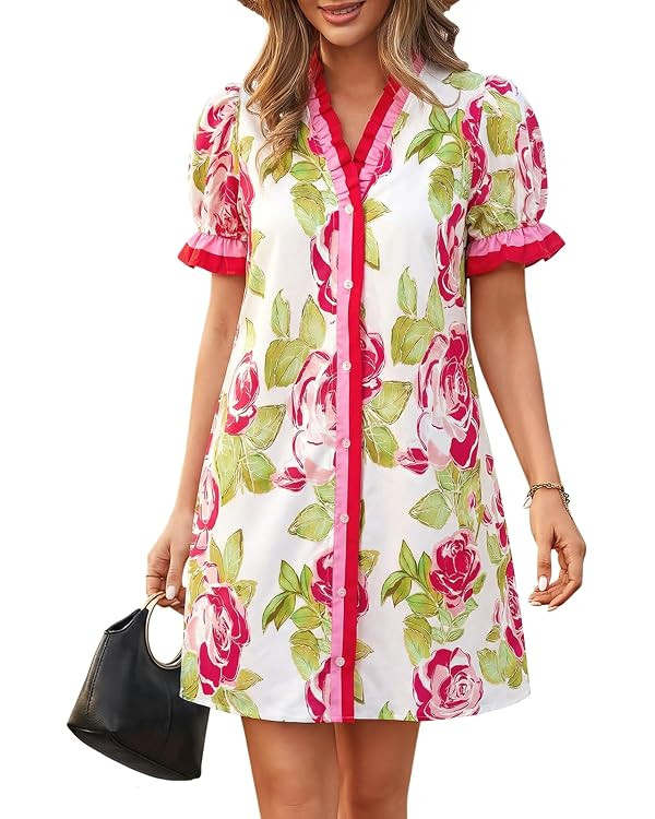 Wenrine Womens Summer Mini Dresses Casual Floral Puff Short Sleeve V Neck Button Down Ruffle Beac... | Amazon (US)
